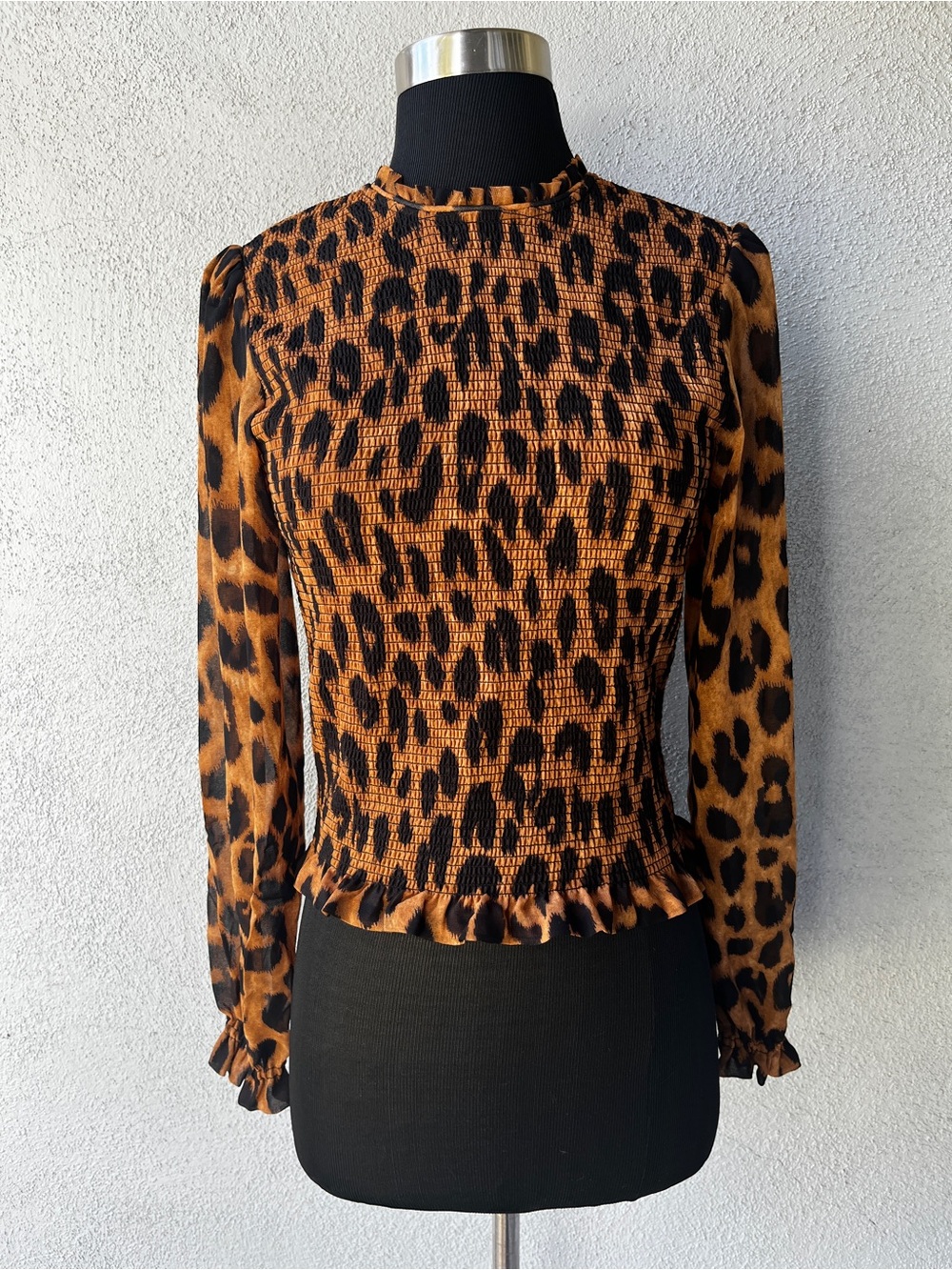 Jason Wu Brown/Black Leopard-Print Smocked Long-Sleeve Top Blouse S